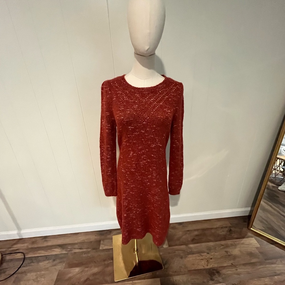 Talbots Burnt Orange Crew Neck Sweater Dress, Puff Sleeves, Long Sleeves